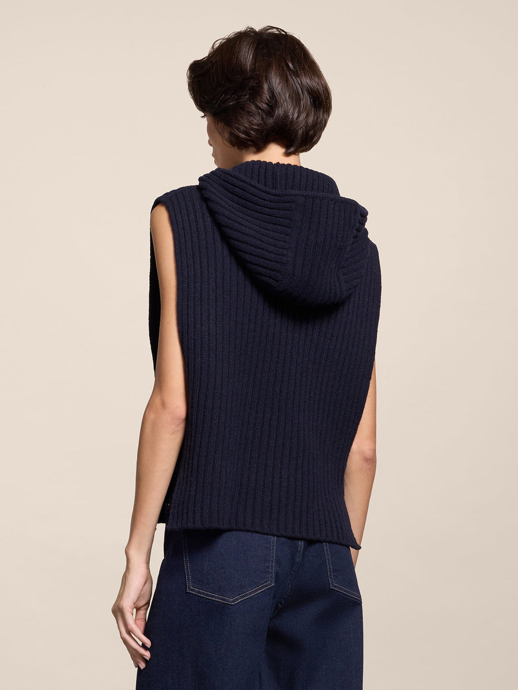 RIBBED WOOL HOODIE VEST BLUE NAVY - BLUE NAVY - Check Active | Pence 1979