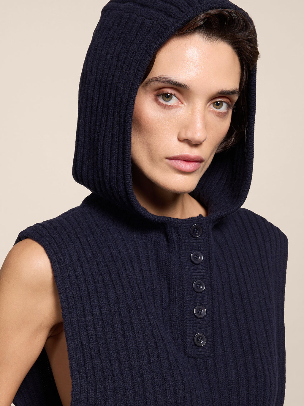 RIBBED WOOL HOODIE VEST BLUE NAVY - BLUE NAVY - Check Active | Pence 1979