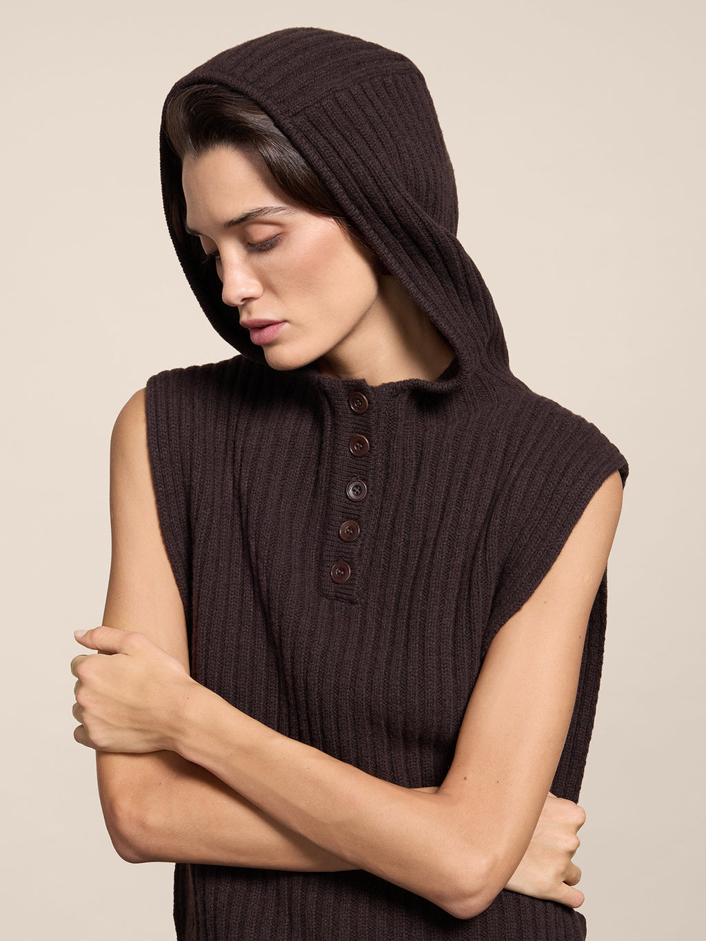 RIBBED WOOL HOODIE VEST MAHOGANY - MAHOGANY - Check Active | Pence 1979