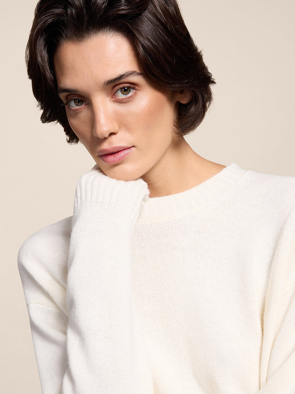 NATURAL RELAXED-FIT, CREW-NECK SWEATER WITH RIBBED TRIMS - NATURAL - Check Active | Pence 1979