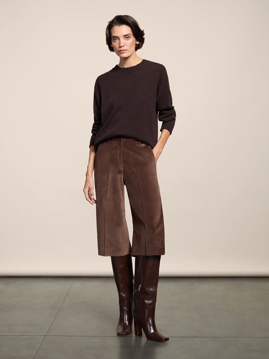 MAHOGANY RELAXED-FIT, CREW-NECK SWEATER WITH RIBBED TRIMS - MAHOGANY - Check Active | Pence 1979