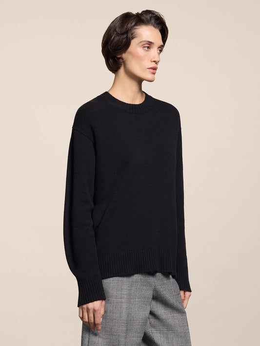 BLACK RELAXED-FIT, CREW-NECK SWEATER WITH RIBBED TRIMS - BLACK - Check Active | Pence 1979
