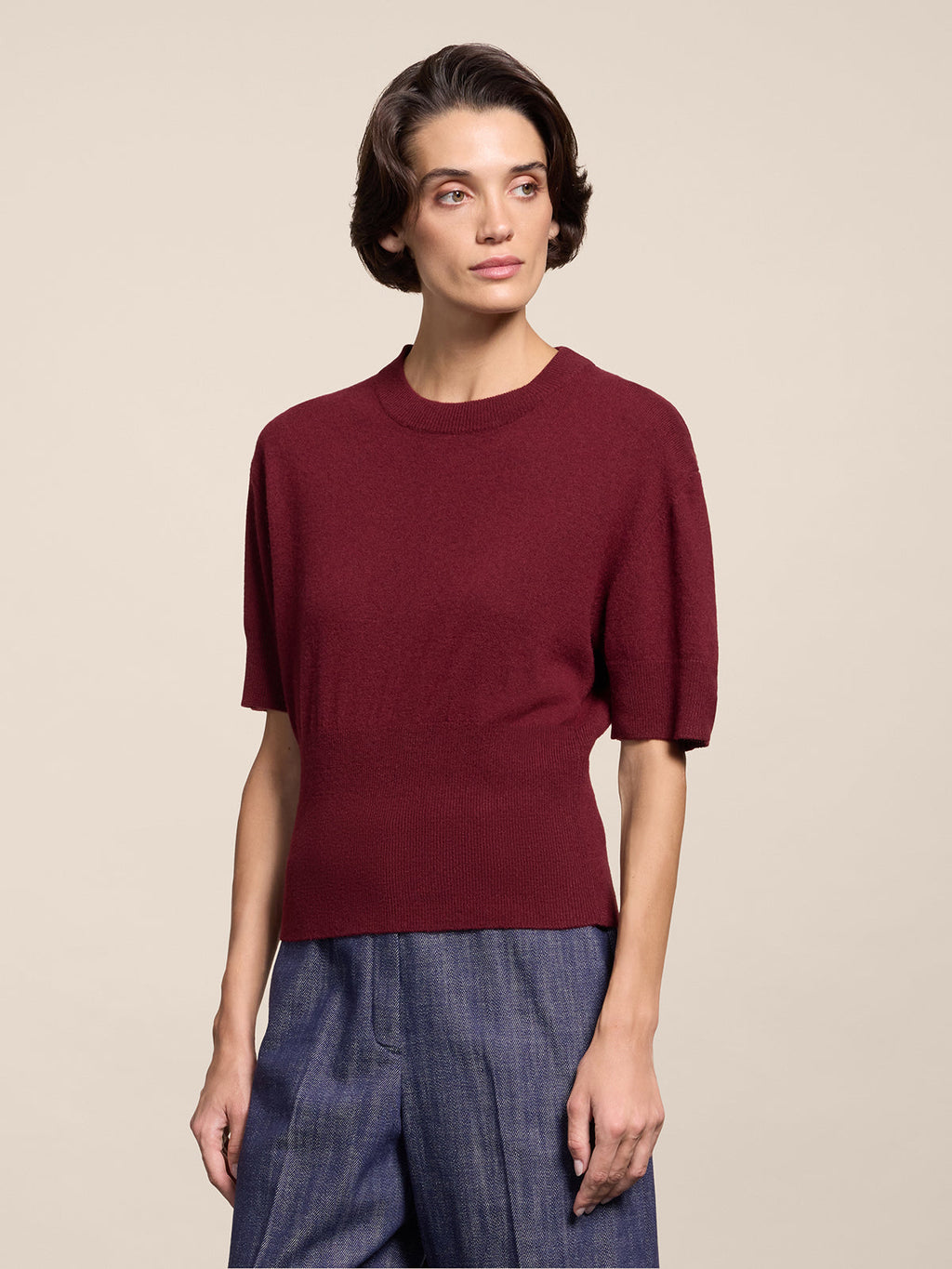 SHORT-SLEEVED CREW-NECK SWEATER WITH A HIGH RIBBED TRIM IN BURGUNDY WOOL AND CASHMERE, REGULAR FIT - BORDEAUX - Check Active | Pence 1979
