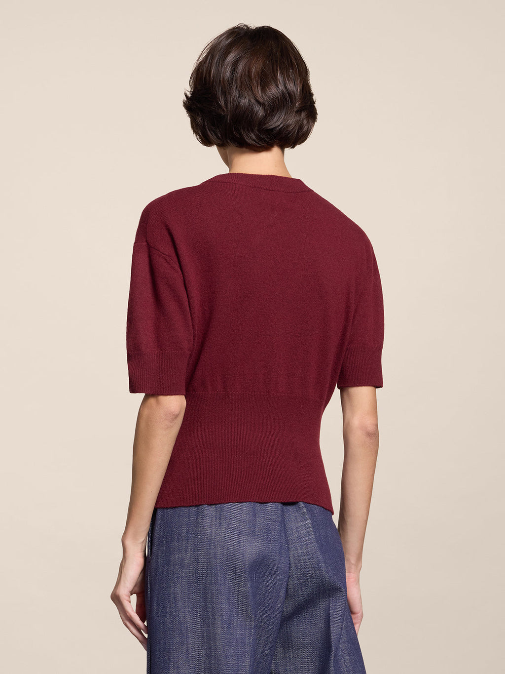 SHORT-SLEEVED CREW-NECK SWEATER WITH A HIGH RIBBED TRIM IN BURGUNDY WOOL AND CASHMERE, REGULAR FIT - BORDEAUX - Check Active | Pence 1979