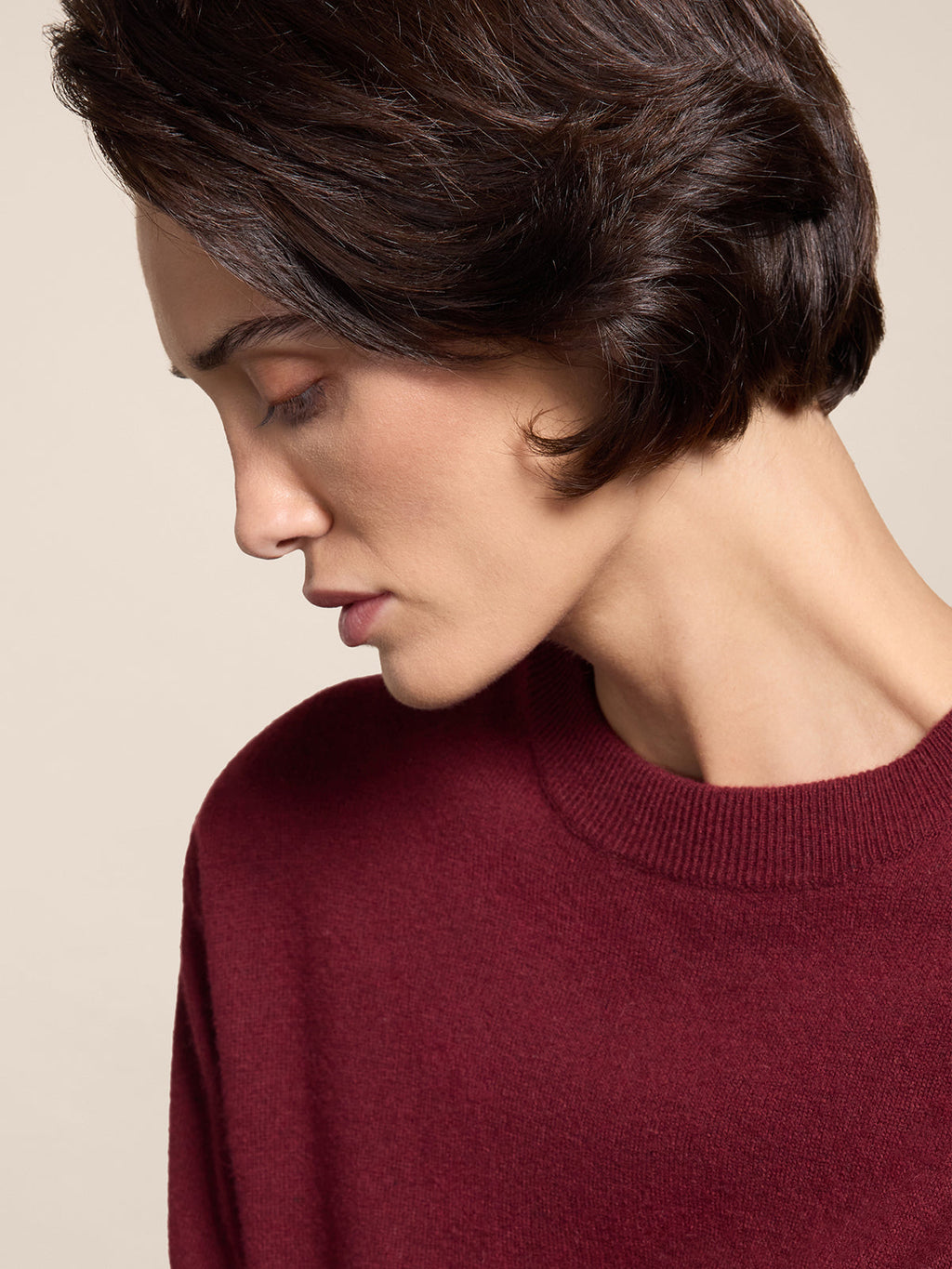 SHORT-SLEEVED CREW-NECK SWEATER WITH A HIGH RIBBED TRIM IN BURGUNDY WOOL AND CASHMERE, REGULAR FIT - BORDEAUX - Check Active | Pence 1979