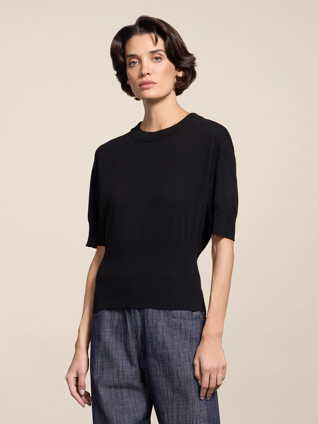 REGULAR FIT CREW-NECK SWEATER WITH CICNH WAIST BLACK - BLACK - Check Active | Pence 1979