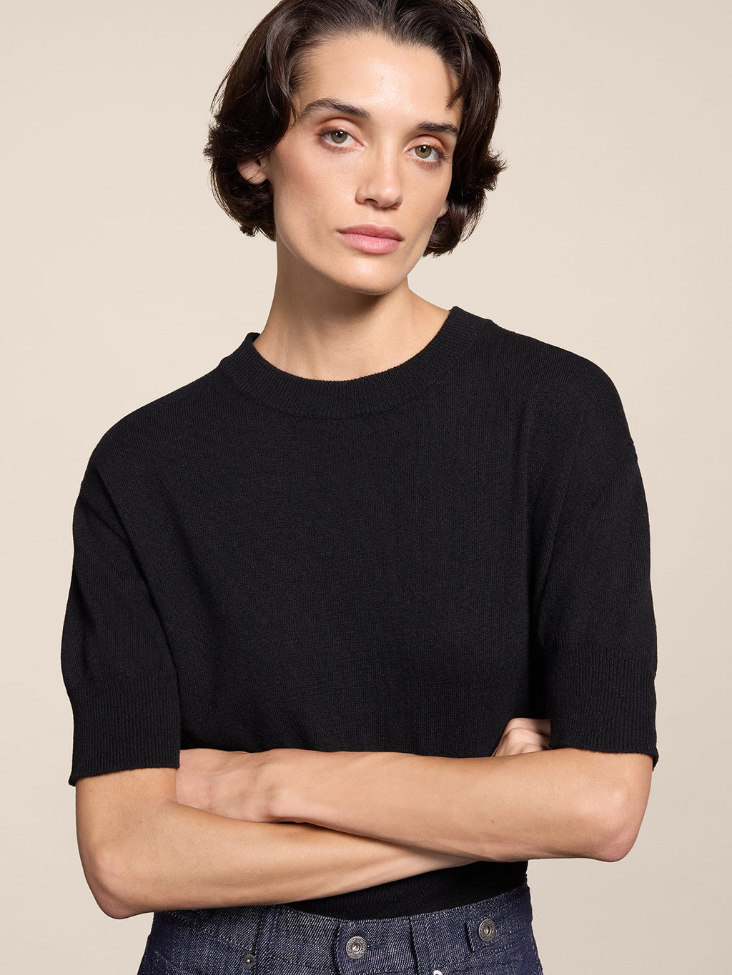 REGULAR FIT CREW-NECK SWEATER WITH CICNH WAIST BLACK - BLACK - Check Active | Pence 1979