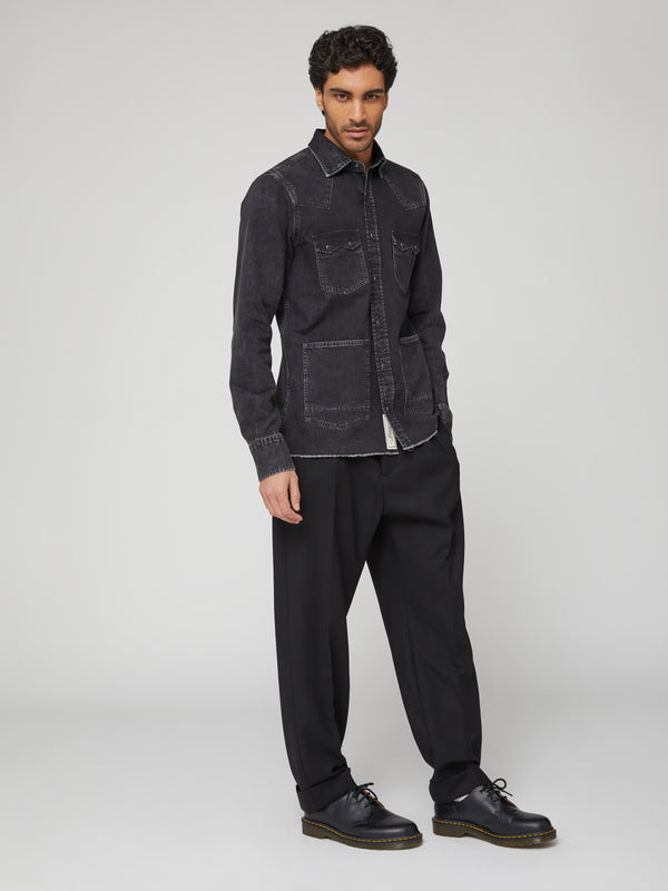 CAMICIA CON TASCHE APPLICATE DENIM NERO